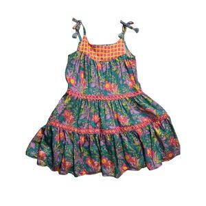 Finding Foxtale Dress Kids Size 12 Teal Floral Excellent Tassel Tiered S24D302